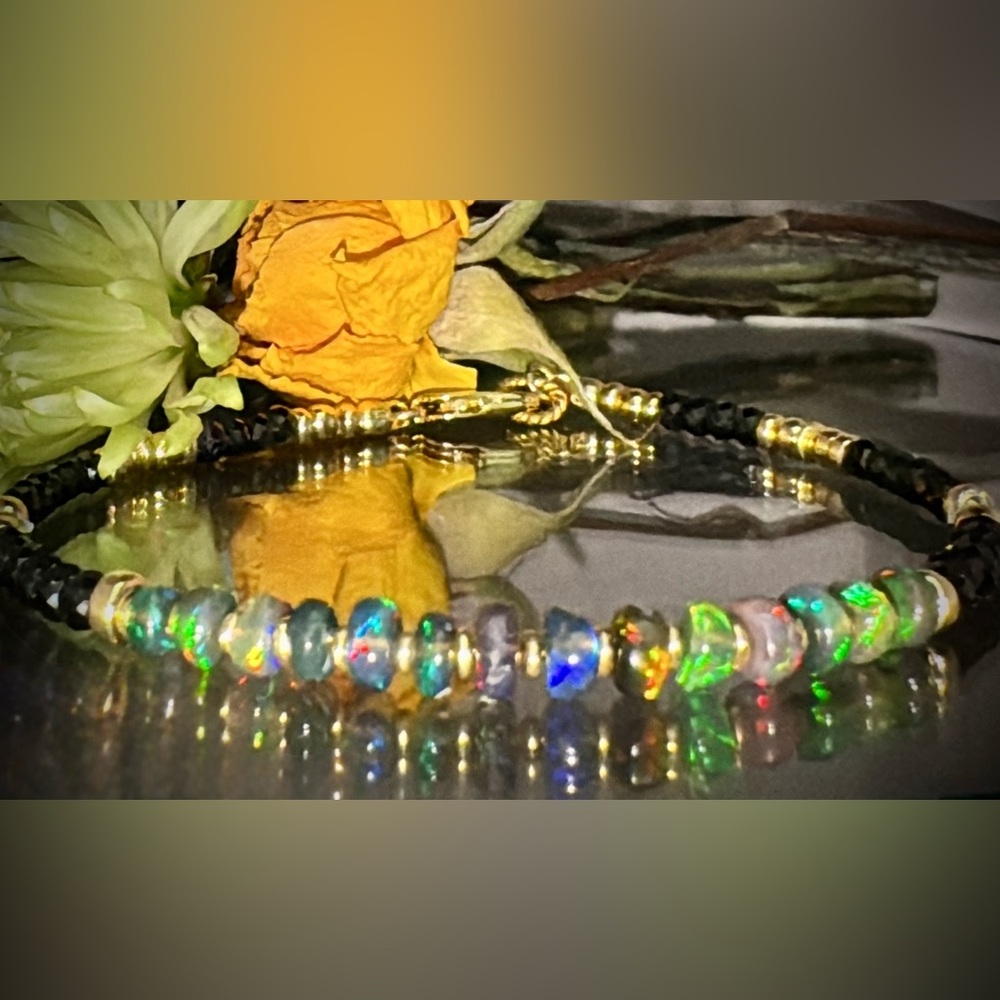 Black Welo Opal •Black Faceted Spinel• 14kt Gold Vermeil Gemstone Bracelet - Picture 7 of 7